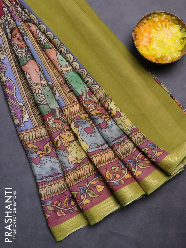 Mul cotton saree blue and green with kalamkari prints and long printed zari border
