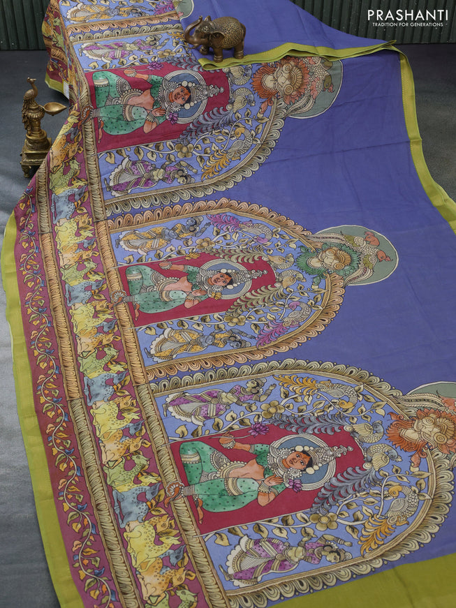 Mul cotton saree blue and green with kalamkari prints and long printed zari border