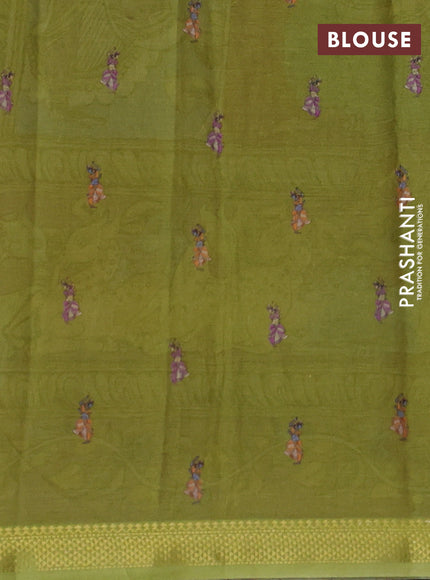 Mul cotton saree blue and green with kalamkari prints and long printed zari border