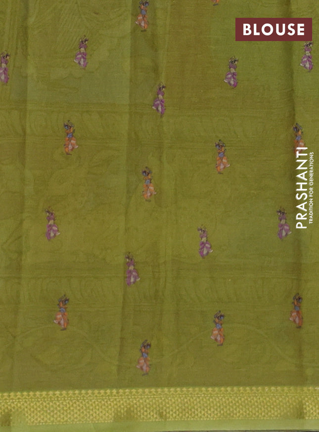 Mul cotton saree blue and green with kalamkari prints and long printed zari border