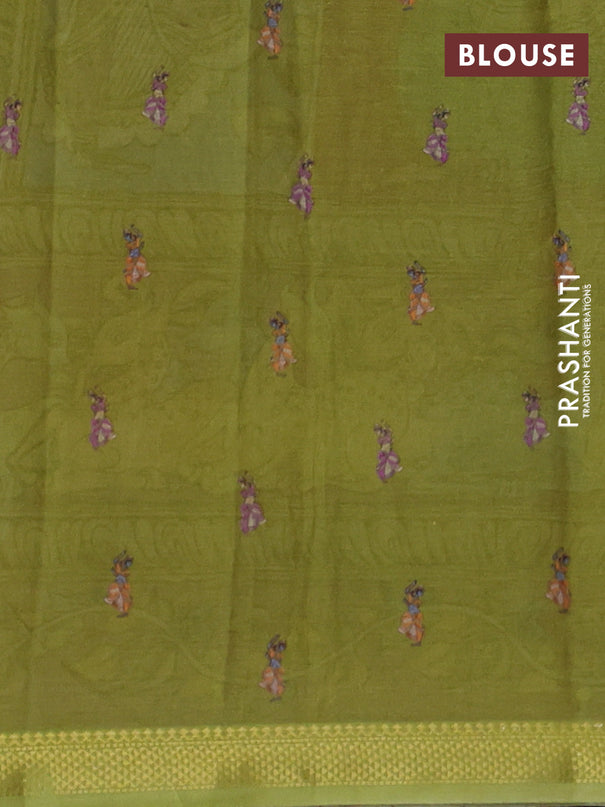 Mul cotton saree blue and green with kalamkari prints and long printed zari border