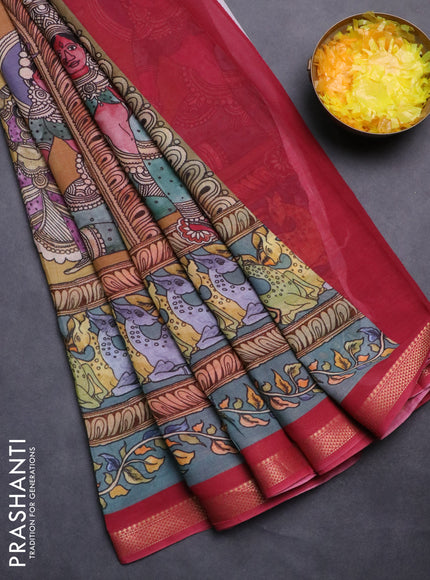 Mul cotton saree elaichi green and maroon with kalamkari prints and long printed zari border