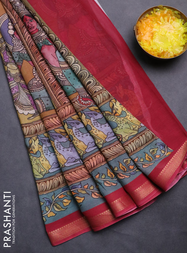 Mul cotton saree elaichi green and maroon with kalamkari prints and long printed zari border