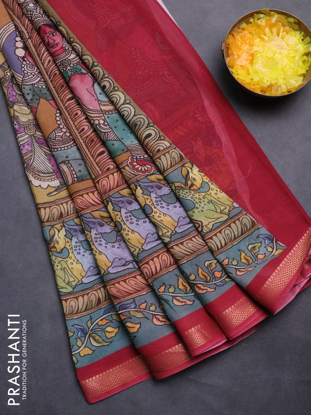 Mul cotton saree elaichi green and maroon with kalamkari prints and long printed zari border