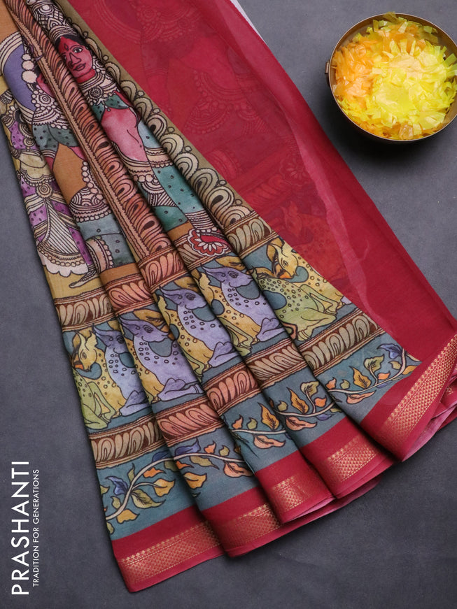 Mul cotton saree elaichi green and maroon with kalamkari prints and long printed zari border