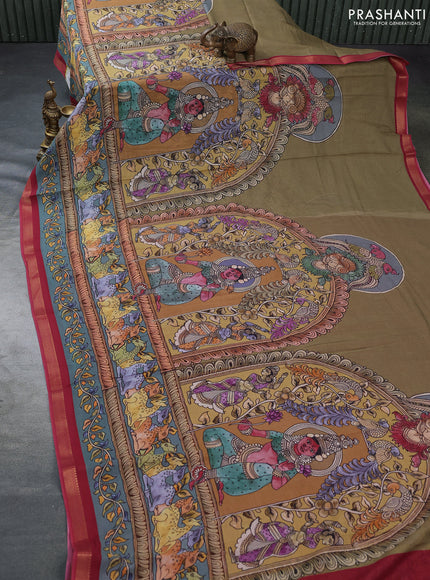 Mul cotton saree elaichi green and maroon with kalamkari prints and long printed zari border