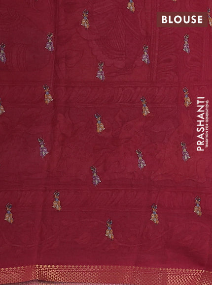Mul cotton saree elaichi green and maroon with kalamkari prints and long printed zari border