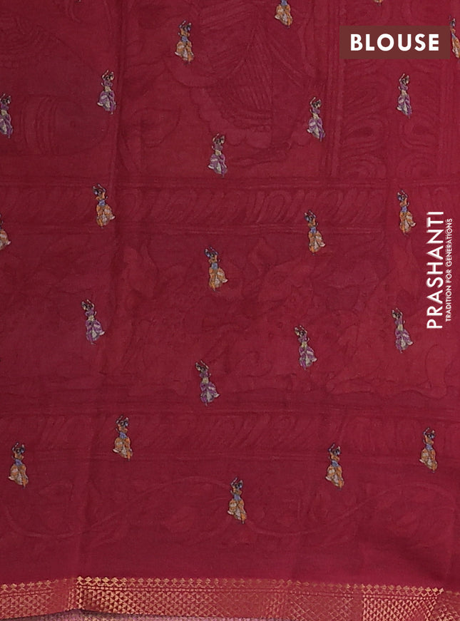 Mul cotton saree elaichi green and maroon with kalamkari prints and long printed zari border