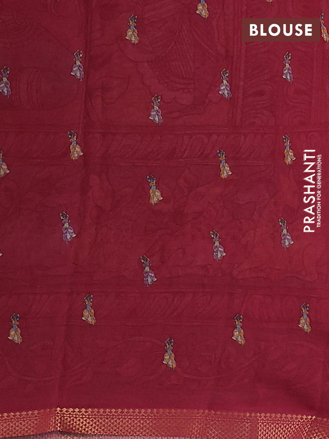 Mul cotton saree elaichi green and maroon with kalamkari prints and long printed zari border