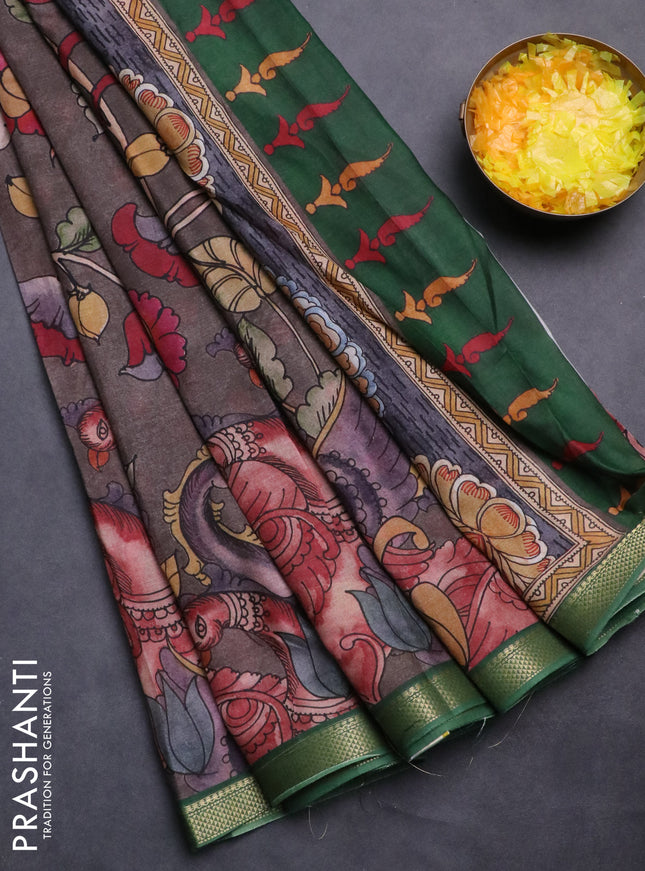 Mul cotton saree grey and green with kalamkari prints and zari woven border