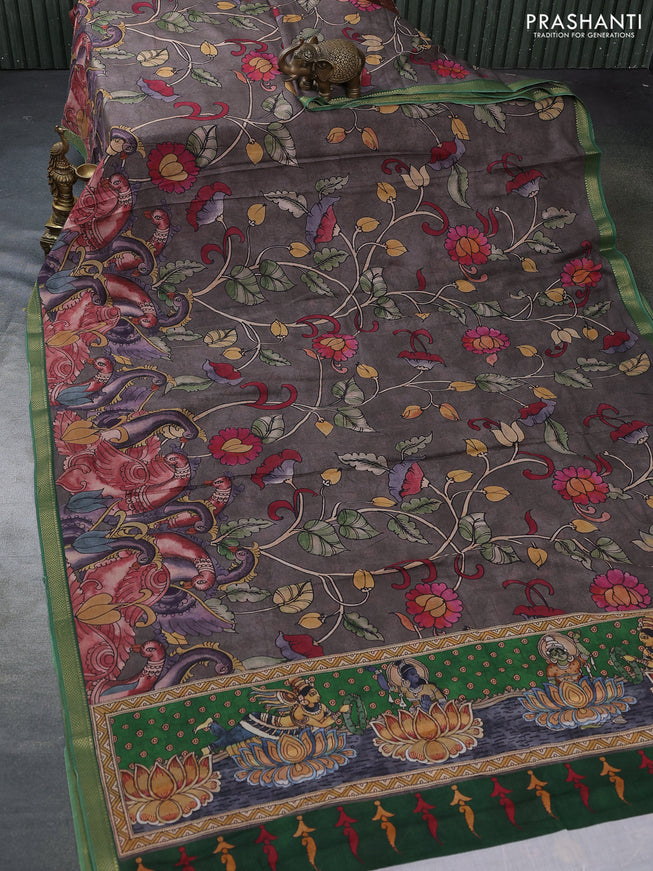 Mul cotton saree grey and green with kalamkari prints and zari woven border