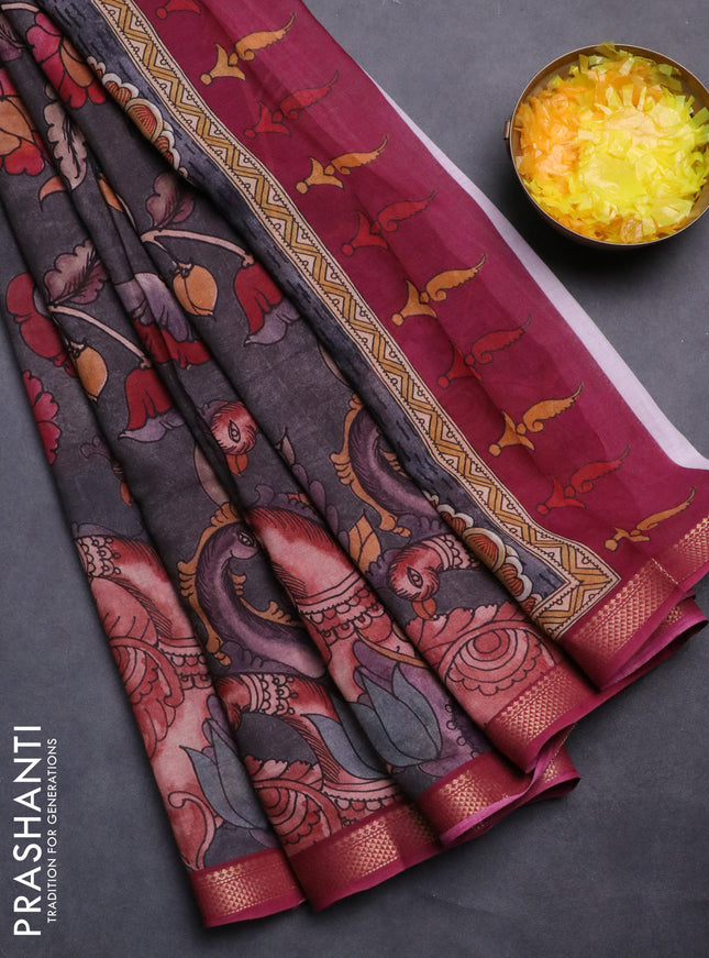 Mul cotton saree grey and magenta pink with kalamkari prints and zari woven border