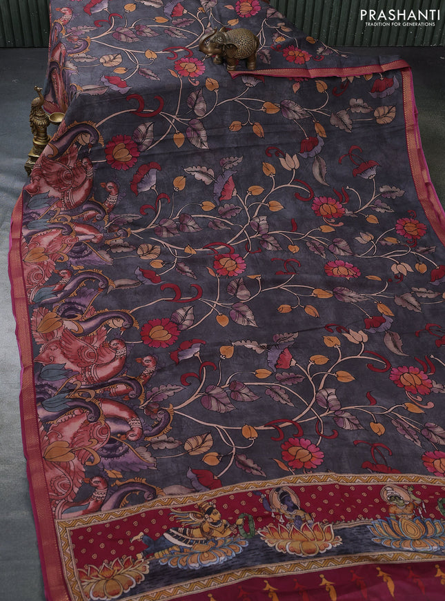 Mul cotton saree grey and magenta pink with kalamkari prints and zari woven border