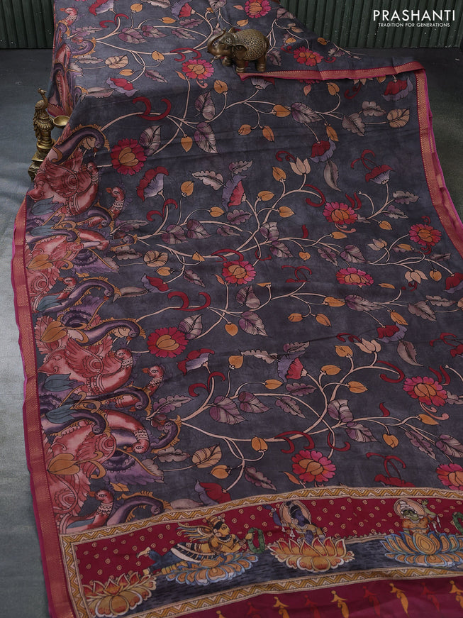 Mul cotton saree grey and magenta pink with kalamkari prints and zari woven border