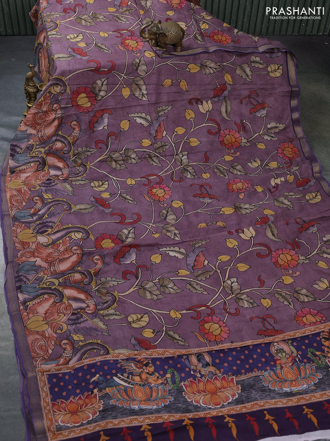 Mul cotton saree wine shade and deep violet with kalamkari prints and zari woven border