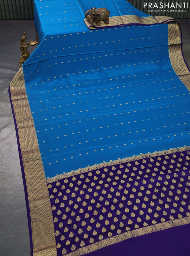 Pure mysore silk saree cs blue and blue with zari woven buttas and zari woven border