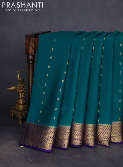 Pure mysore silk saree teal blue and deep violet with zari woven buttas and zari woven border