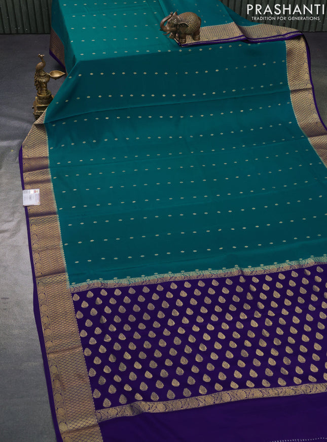 Pure mysore silk saree teal blue and deep violet with zari woven buttas and zari woven border