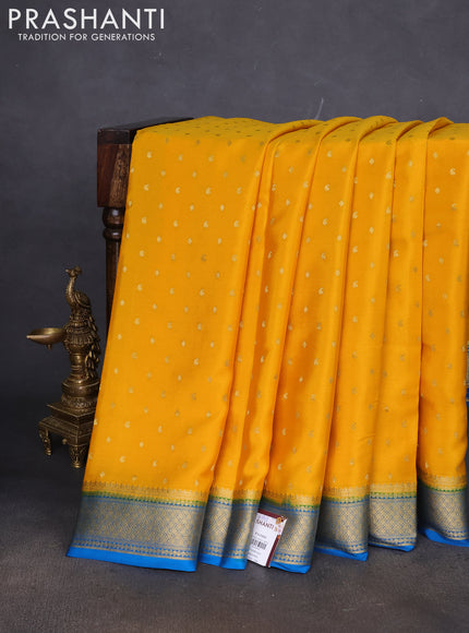 Pure mysore silk saree mango yellow and cs blue with zari woven buttas and zari woven border