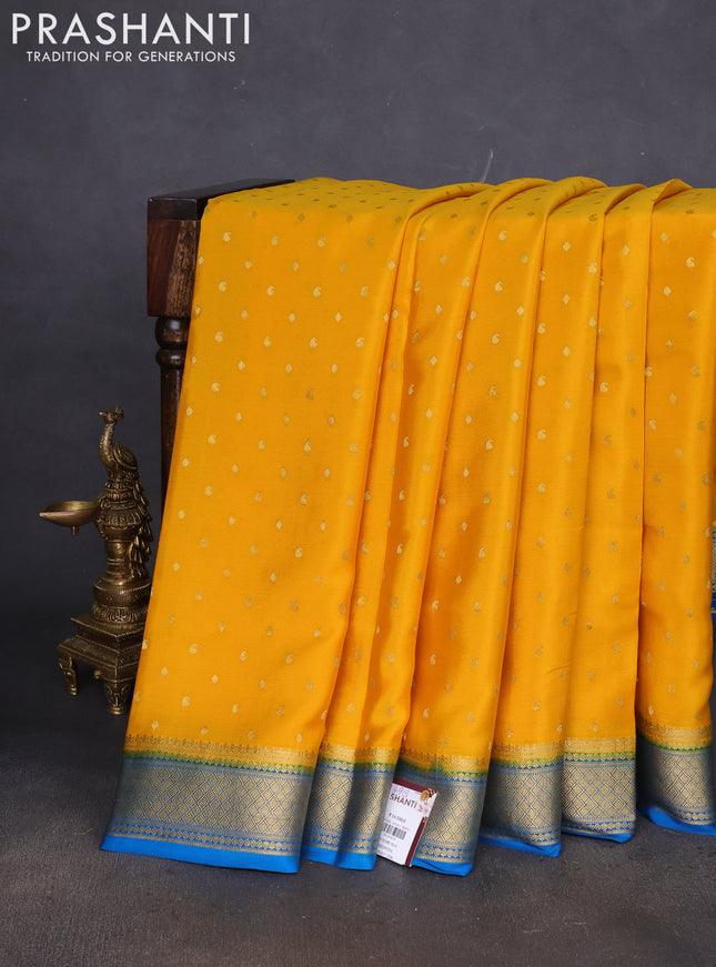 Pure mysore silk saree mango yellow and cs blue with zari woven buttas and zari woven border