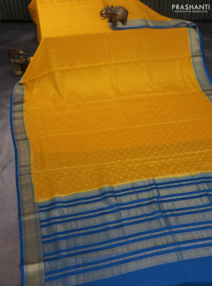 Pure mysore silk saree mango yellow and cs blue with zari woven buttas and zari woven border