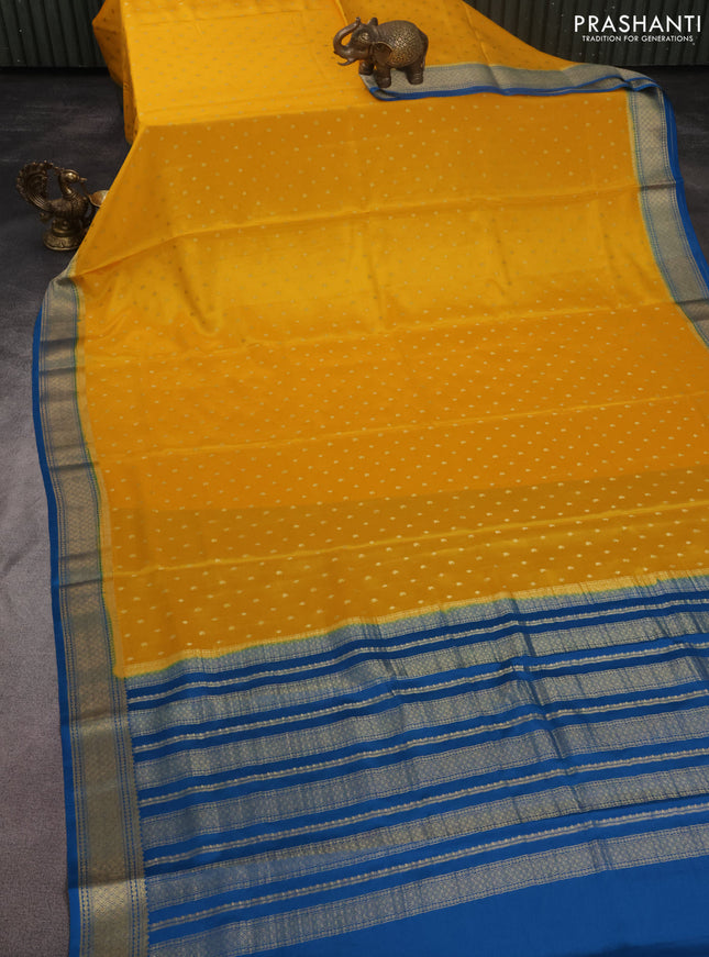 Pure mysore silk saree mango yellow and cs blue with zari woven buttas and zari woven border