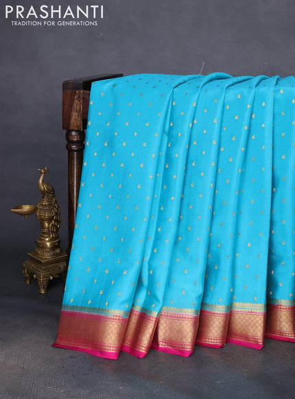 Pure mysore silk saree teal blue and pink with zari woven buttas and zari woven border