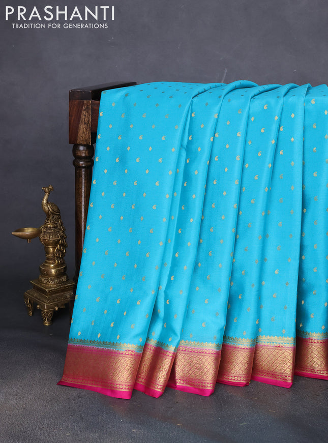 Pure mysore silk saree teal blue and pink with zari woven buttas and zari woven border