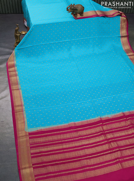 Pure mysore silk saree teal blue and pink with zari woven buttas and zari woven border