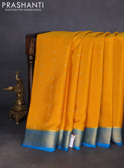 Pure mysore silk saree mango yellow and cs blue with zari woven buttas and zari woven border