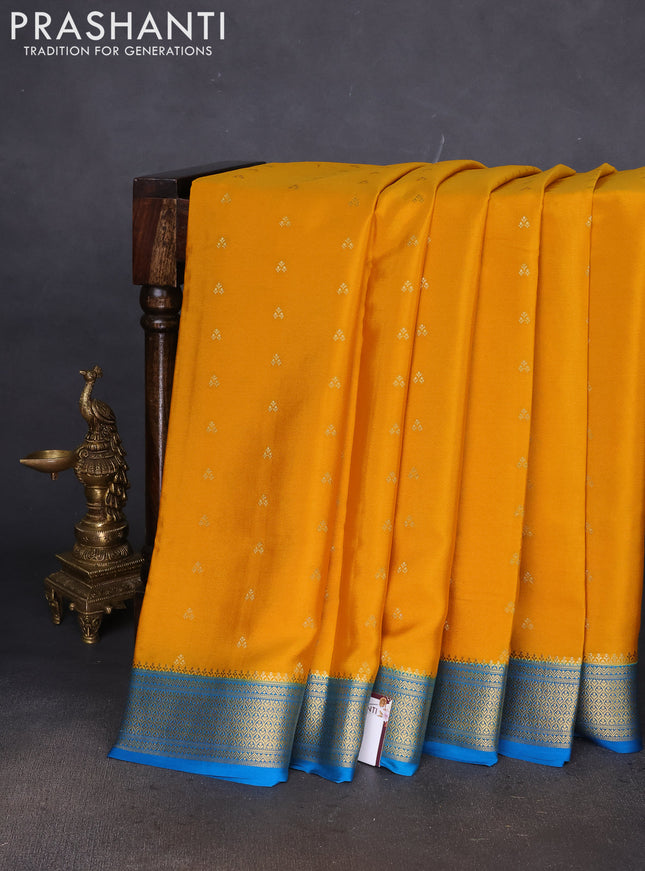 Pure mysore silk saree mango yellow and cs blue with zari woven buttas and zari woven border