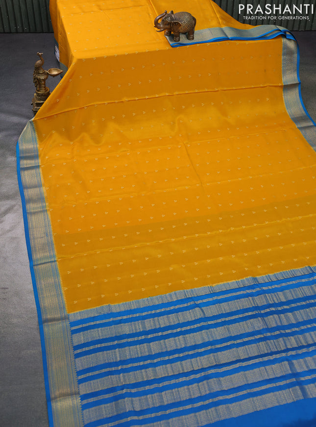 Pure mysore silk saree mango yellow and cs blue with zari woven buttas and zari woven border