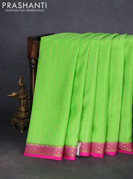 Pure mysore silk saree fluorescent green and pink with allover zari weaves and zari woven border