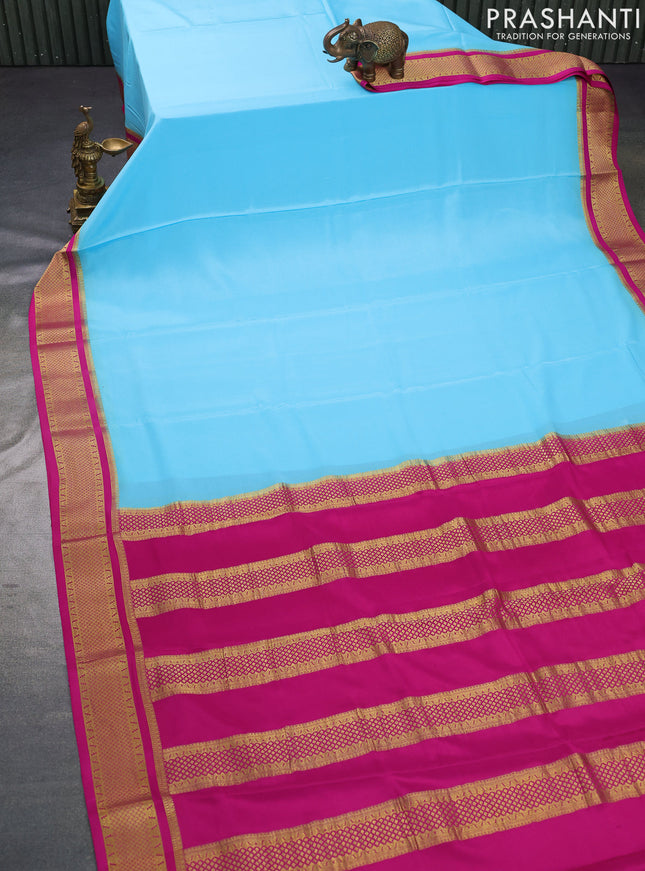 Pure mysore silk saree light blue and pink with plain body and zari woven border