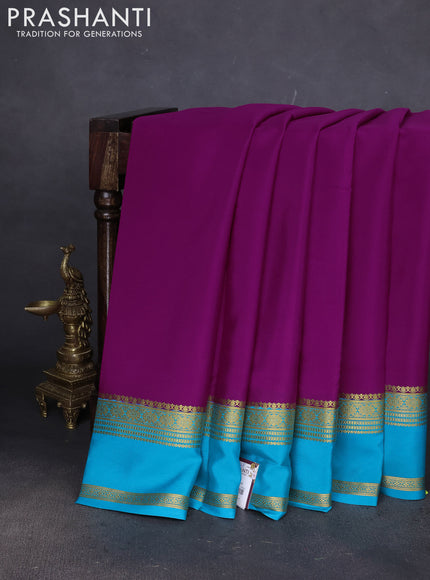 Pure mysore silk saree purple and teal blue with plain body and zari woven border
