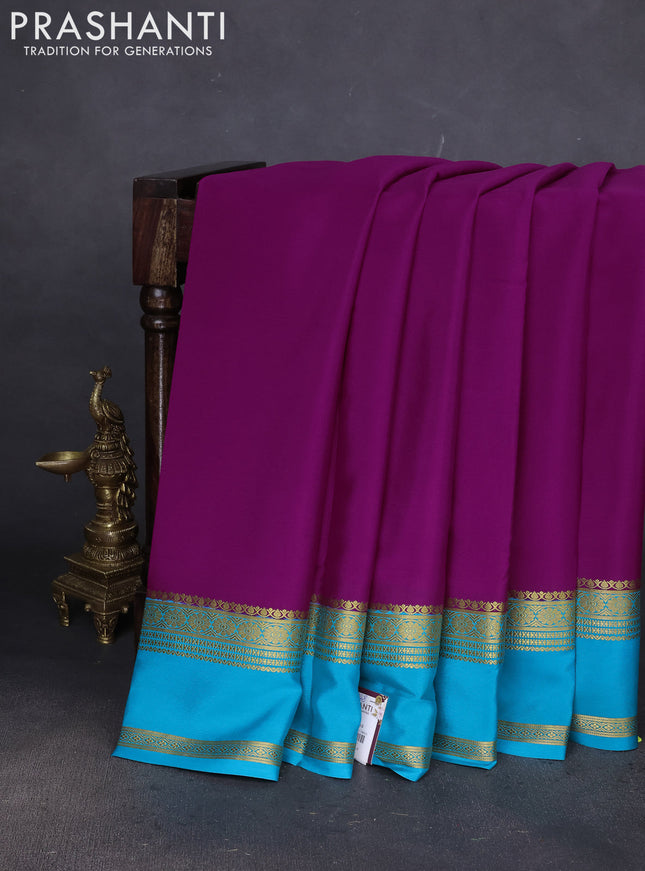 Pure mysore silk saree purple and teal blue with plain body and zari woven border