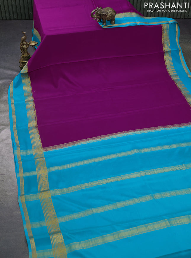 Pure mysore silk saree purple and teal blue with plain body and zari woven border