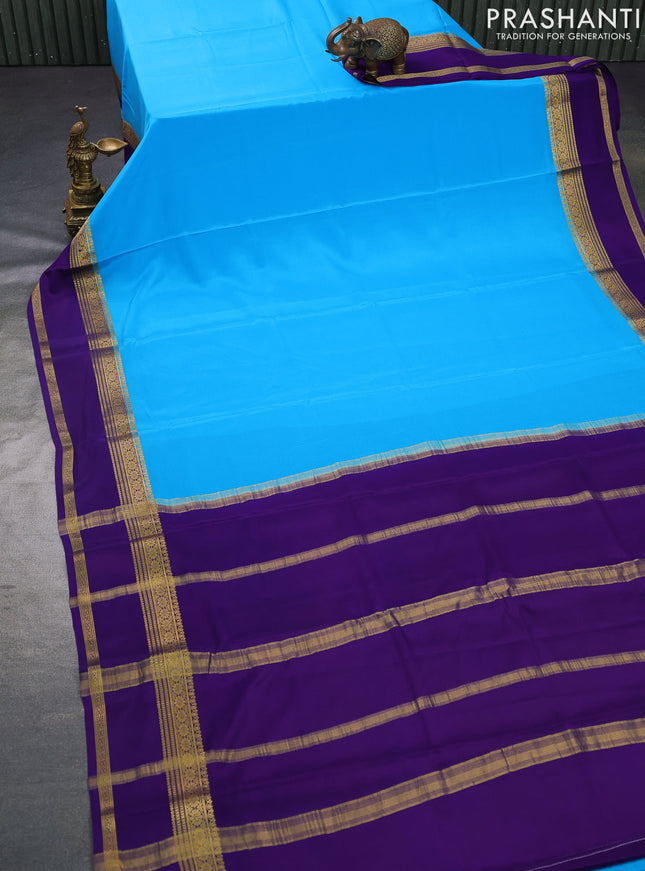Pure mysore silk saree cs blue and violet with plain body and rettapet zari woven border
