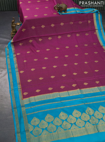 Pure mysore silk saree purple and teal blue with allover small zari checks & buttas and rettapet zari woven border