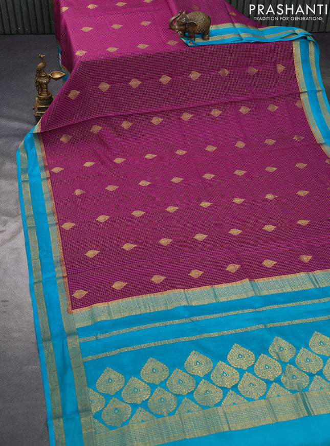 Pure mysore silk saree purple and teal blue with allover small zari checks & buttas and rettapet zari woven border