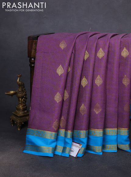 Pure mysore silk saree pastel purple and cs blue with allover small zari checks & buttas and rettapet zari woven border