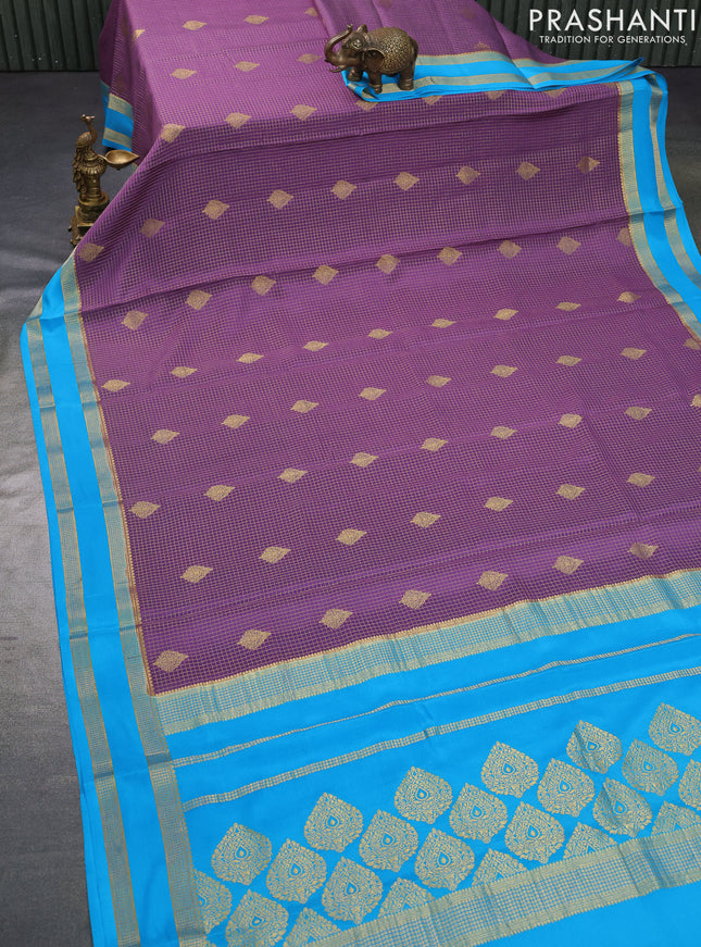 Pure mysore silk saree pastel purple and cs blue with allover small zari checks & buttas and rettapet zari woven border