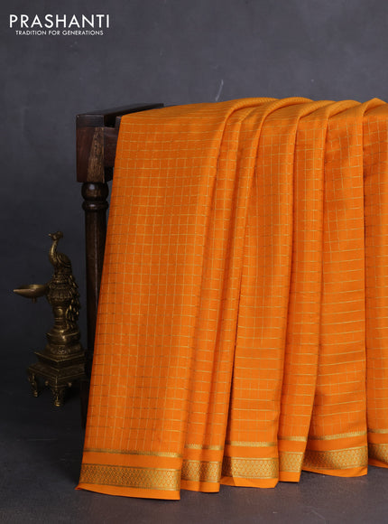 Pure mysore silk saree orange with allover zari woven checked pattern and zari woven border