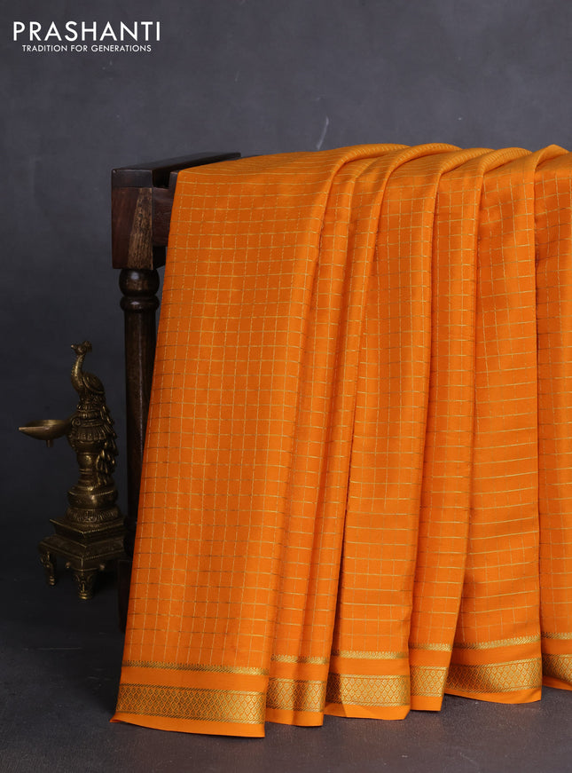 Pure mysore silk saree orange with allover zari woven checked pattern and zari woven border