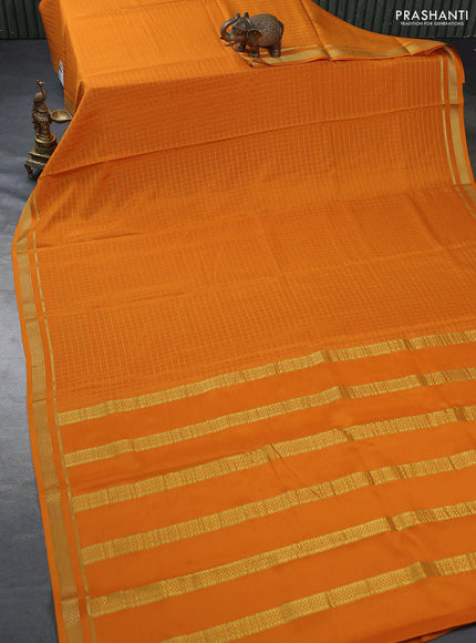 Pure mysore silk saree orange with allover zari woven checked pattern and zari woven border