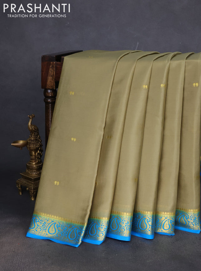 Pure mysore silk saree elaichi green and cs blue with zari woven buttas and zari woven border
