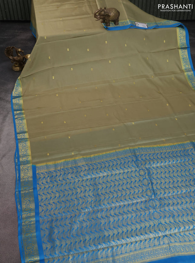Pure mysore silk saree elaichi green and cs blue with zari woven buttas and zari woven border