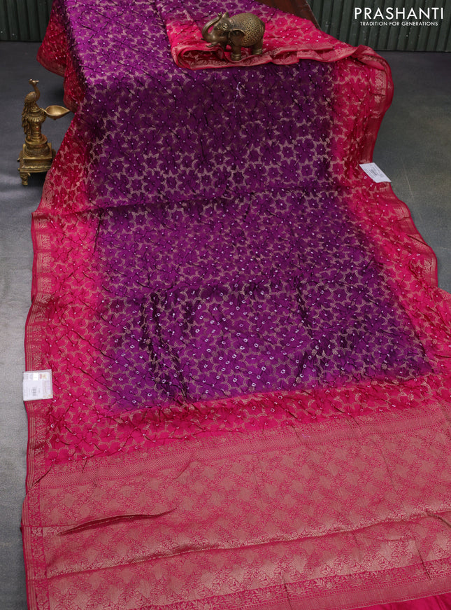 Chiniya silk saree purple and pink with allover bandhani prints & zari weaves and zari woven border