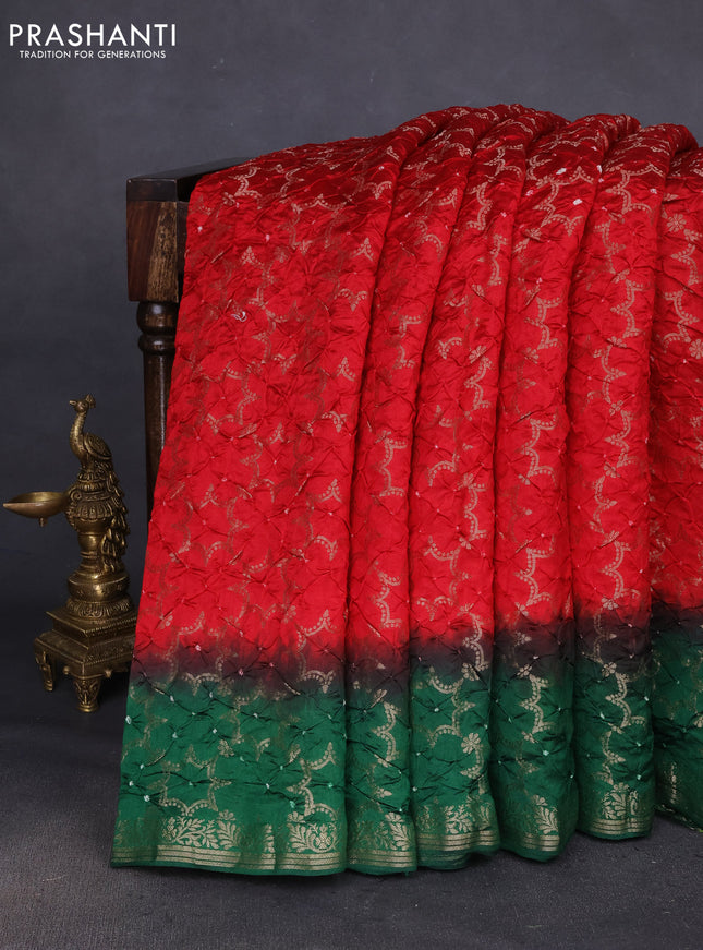Chiniya silk saree red and green with allover bandhani prints & zari weaves and zari woven border
