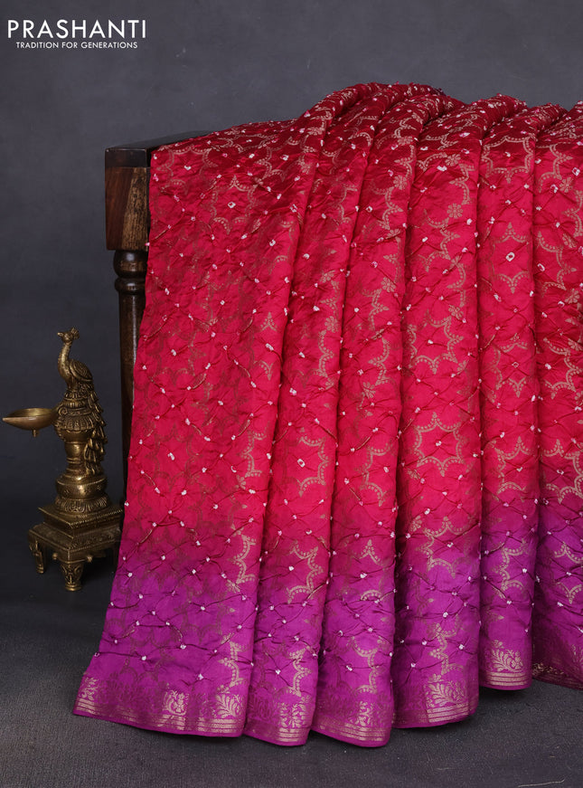 Chiniya silk saree pink and purple with allover bandhani prints & zari weaves and zari woven border